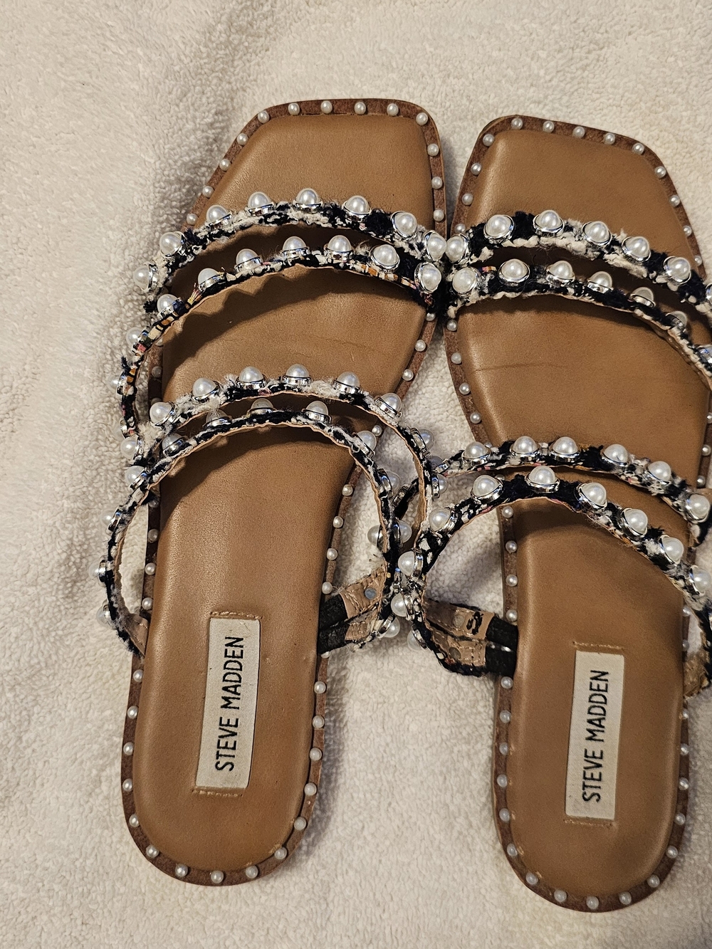 Steve Madden Pearl-Embellished Brown Slide Sandals